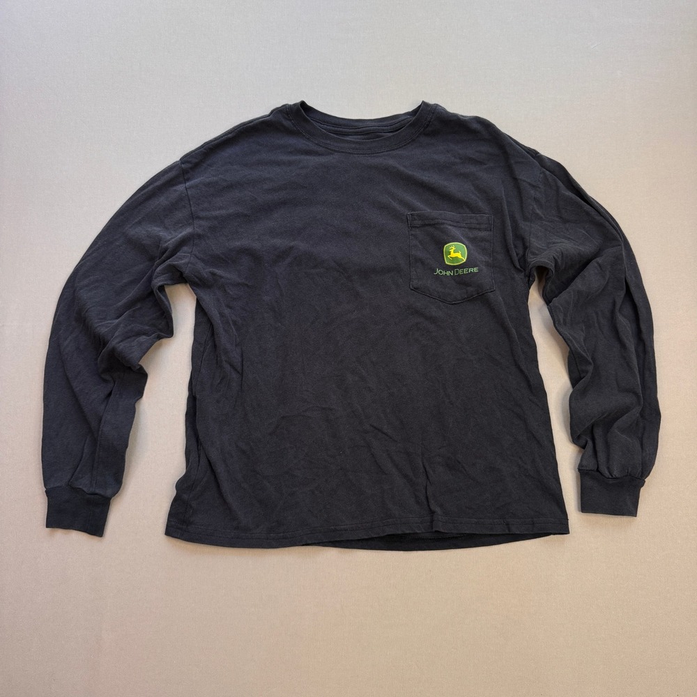 John Deere Mens Long Sleeve Pocket T-Shirt Black Graphic Logo Size M